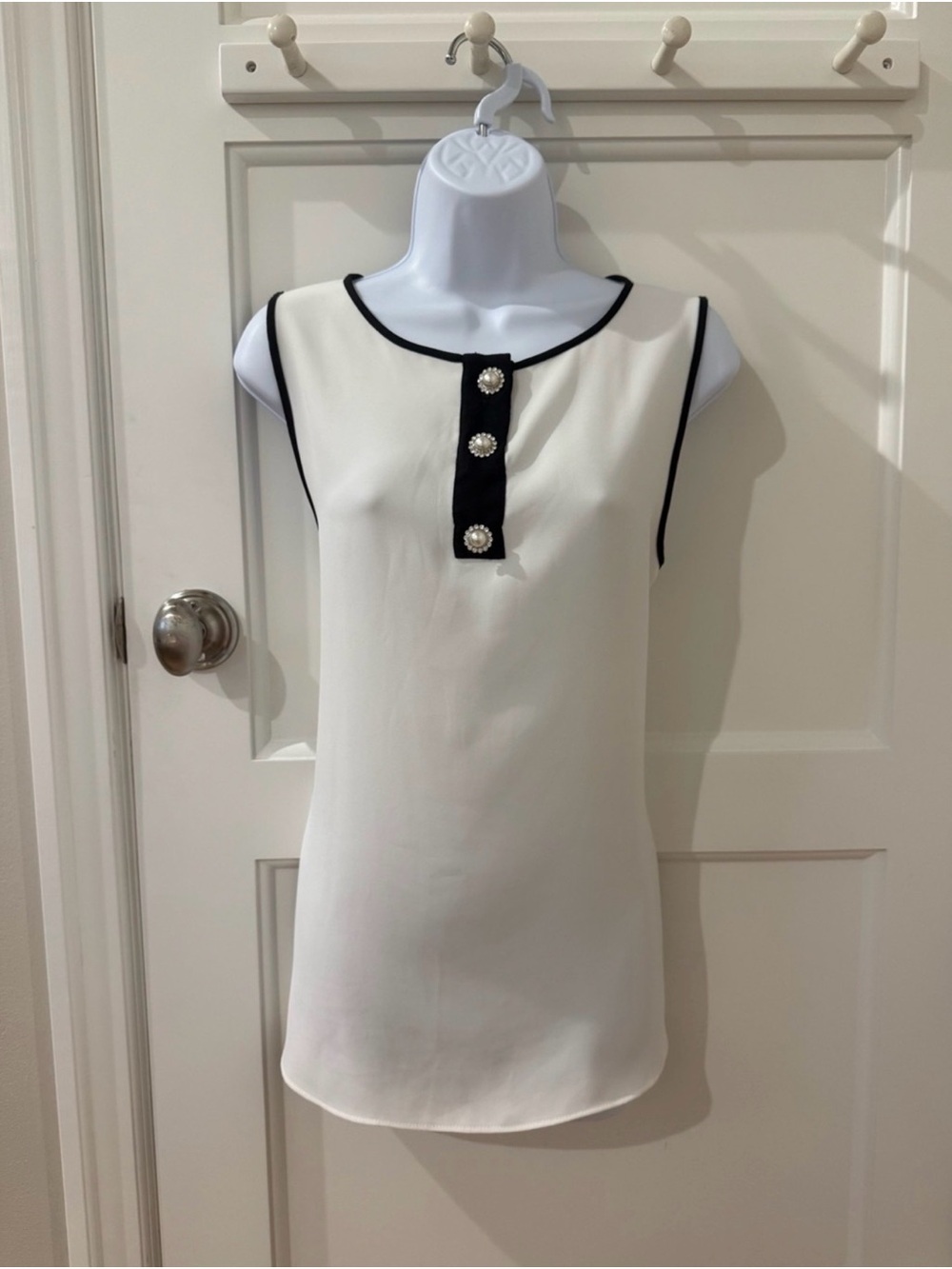 River Island Ivory Cream Sleeveless Top with Black Trim & Jewelled Pearl Buttons